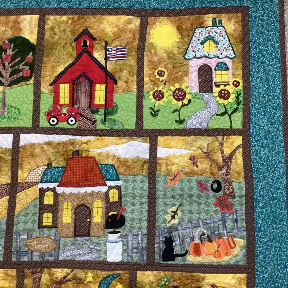 Hand Crafted Art Quilt Houses Schoolhouse Seasons 47”x55”